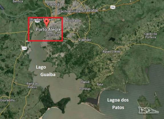 Imagem de satélite do Lago Guaiba, um apêndice na parte norte da Lagoa dos Patos. Aí está Porto Alegre, capital do Rio Grande do Sul. Em vermelho, a área onde fizemos nosso passeio de barco